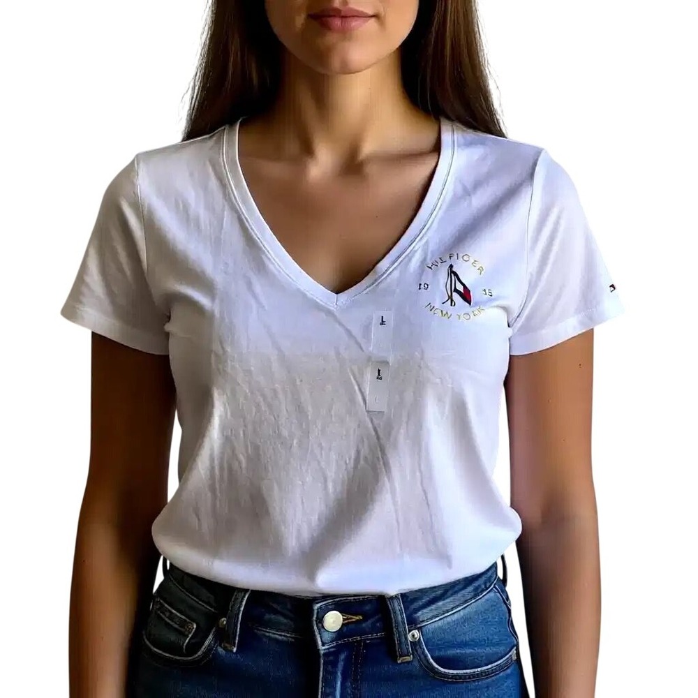 Tommy Hilfiger Womens White V-Neck Crest Logo T-Shirt 1985 Flag‎ T-Shirt L NWT